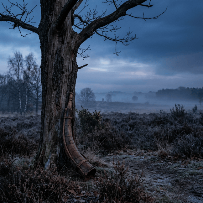 Weathered tree and wooden horn in a misty frost-covered heathland
